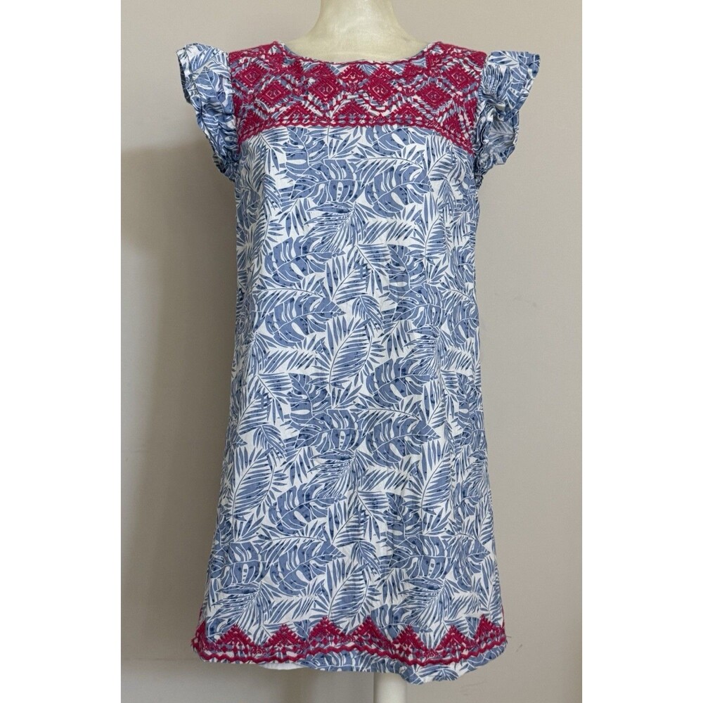 THML Blue White Pink Embroidery Crochet Tropical Leaf Dress Size S